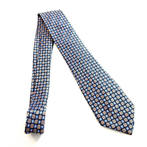 Egara Tan Blue Woven Geomeric Floral Silk Tie - Picture 6 of 6